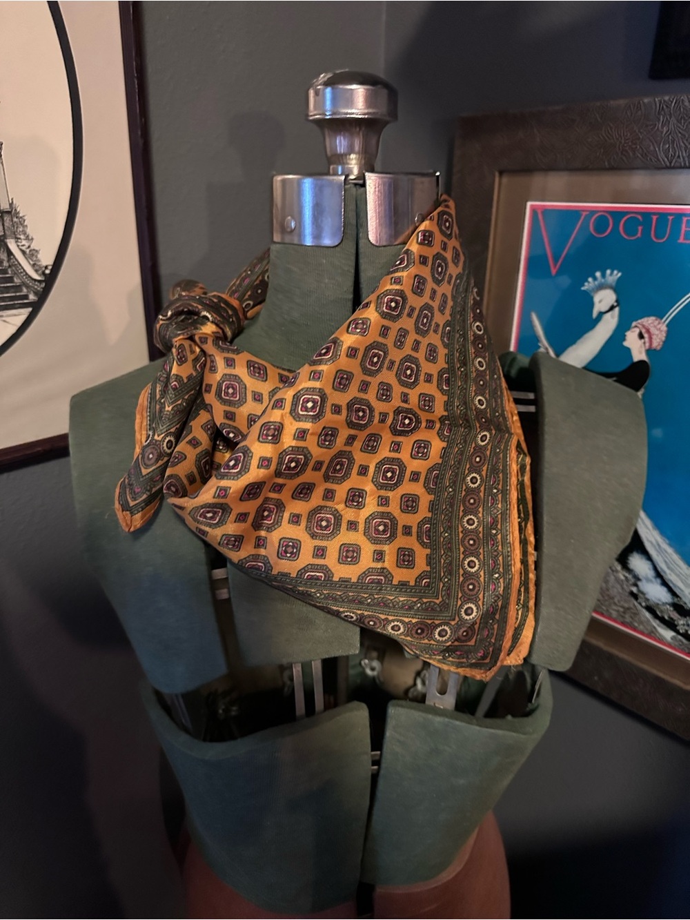 Vintage Silk-Feel Mustard Patterned Bandana Scarf